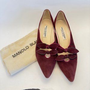 Manolo Blahnik Vintage Red Suede Kitten Heels with Bows